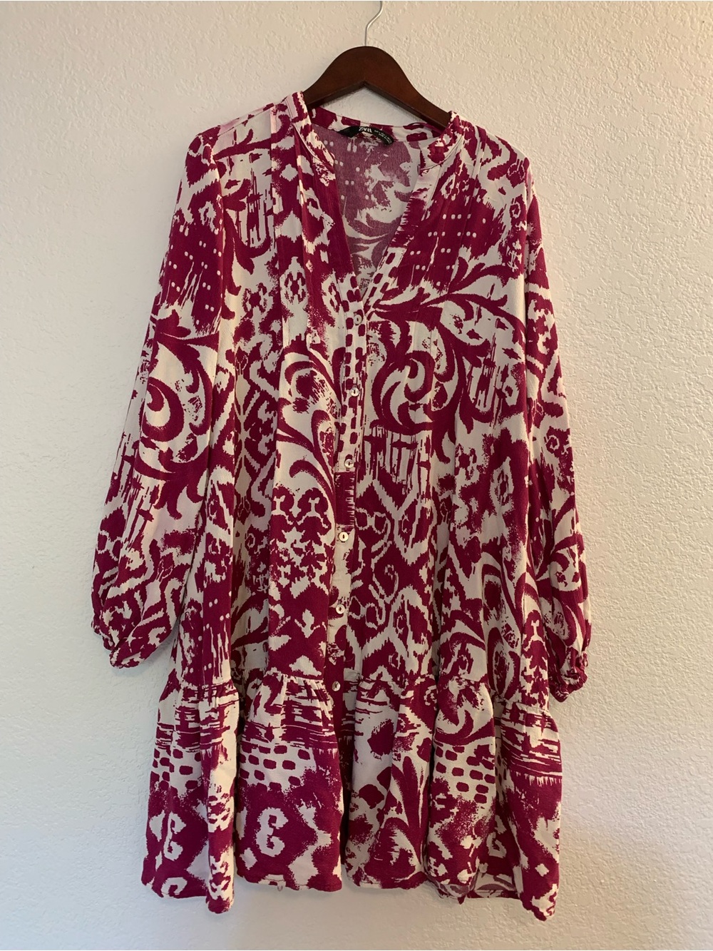 Zara Maroon and Cream Floral Button-Front Tunic 100% Viscose L